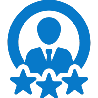 Blue icon of a person with three stars below them