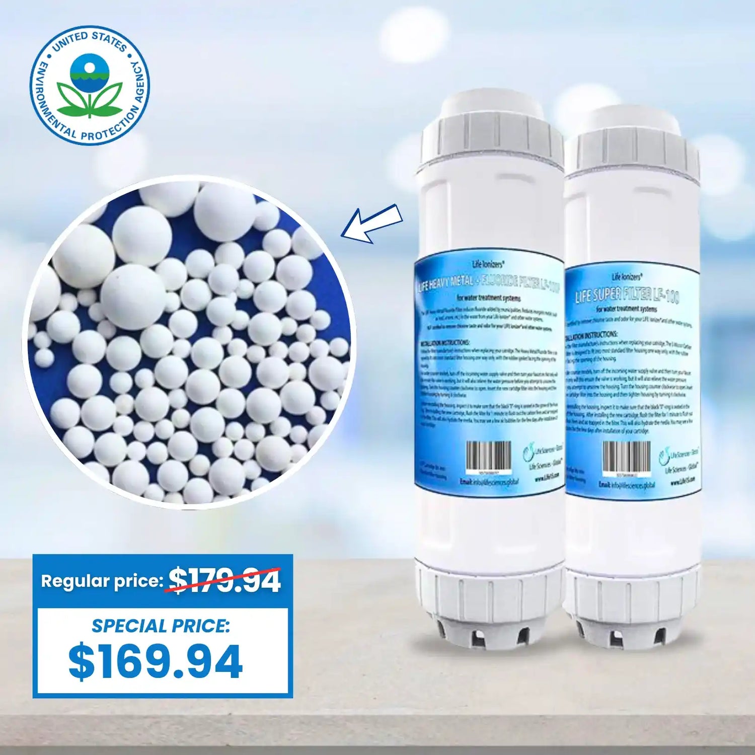 Set of Life Superior water filters on a stand with a kitchen background