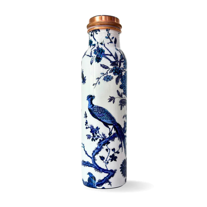 950mL Copper Bottle - Blue and White Color Peacock Design with the Power of the Flower of Life Ancient Healing Symbol