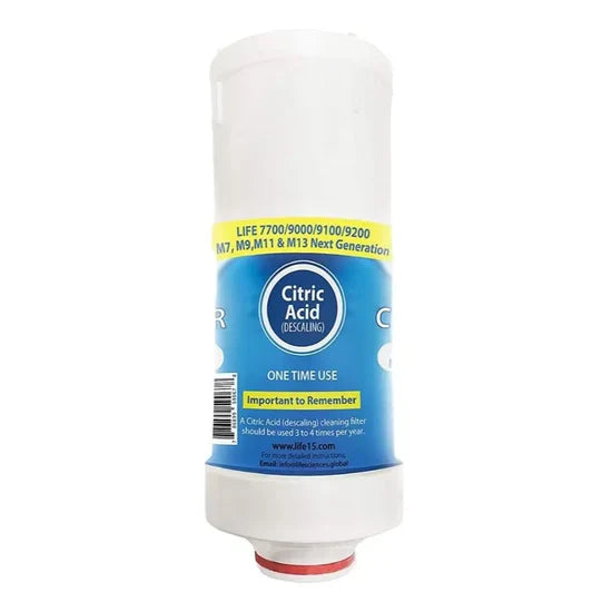 7700-9200 Citric Acid descaling cleaning filter with blue label on a white background