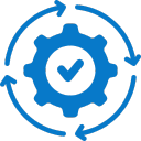 Blue gear icon with a check mark inside, surrounded by a circular arrow, on a white background.