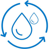 Blue icon of water droplets and circular arrows on a white background