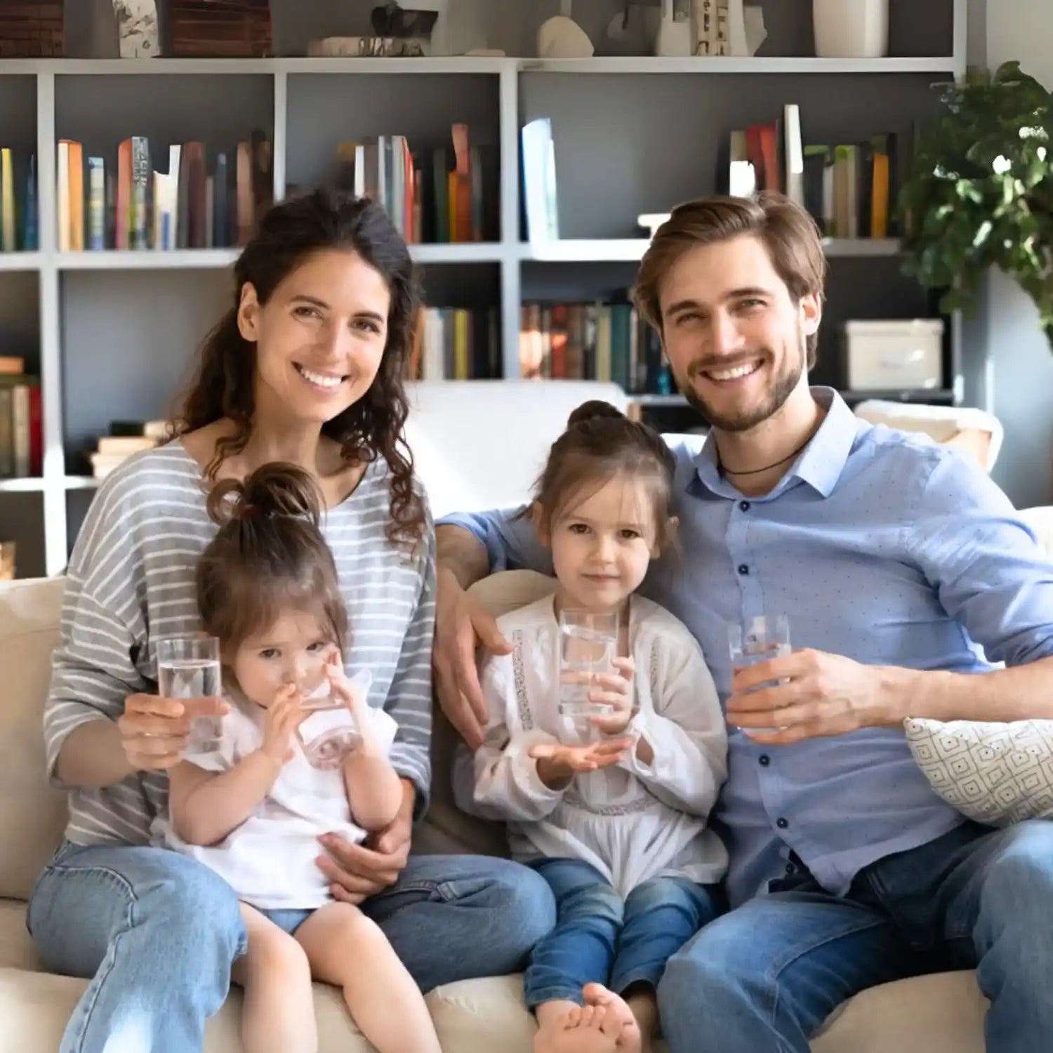 Family of four sitting on a couch holding glasses in a cozy living room.