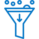 Blue icon of a funnel with an arrow pointing downwards