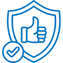 Blue icon of a shield with a hand giving a thumbs up and a checkmark inside a circle.