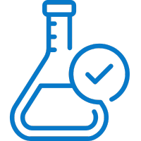 Blue icon of a beaker with a check mark inside it