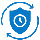 Shield icon with a clock inside, surrounded by a circular arrow, on a blue background.