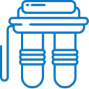Blue icon of a water filter with two tubes on a white background