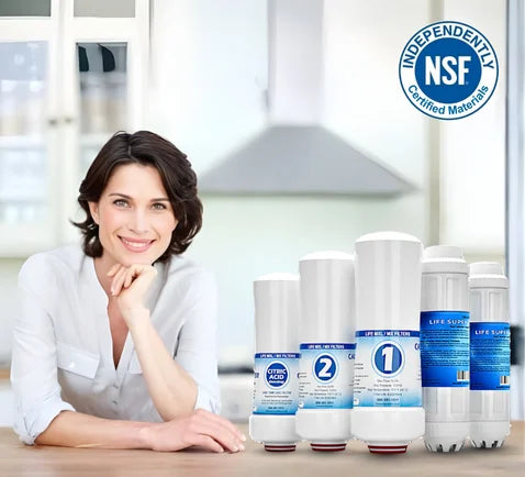 Woman sitting at a table with Life-Ionizer water filter products and NSF certification logo.