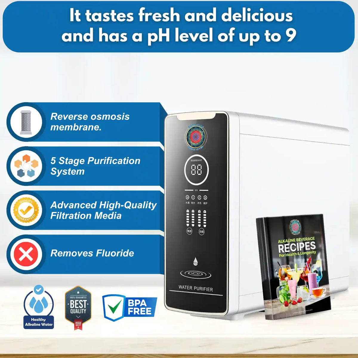 Water purifier with features listed on a blue background