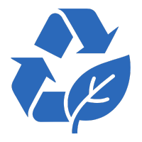 Blue recycling symbol with a leaf on a white background