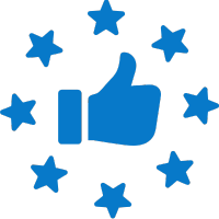 Blue thumbs up icon surrounded by stars on a white background