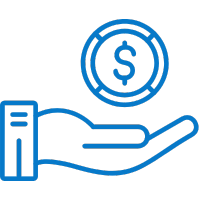 Blue icon of a hand holding a coin with a dollar sign