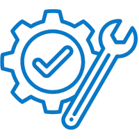 Blue icon of a gear with a check mark and a wrench on a white background