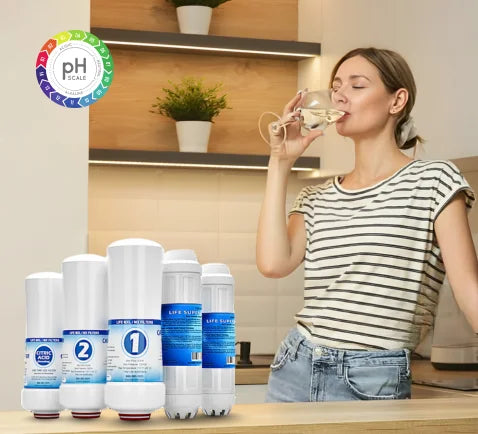 Woman drinking water from a glass with water filter cartridges and pH scale logo in the foreground.