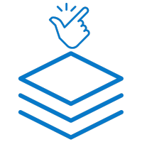 Blue icon of a hand pointing upwards towards a stack of three blue shapes.