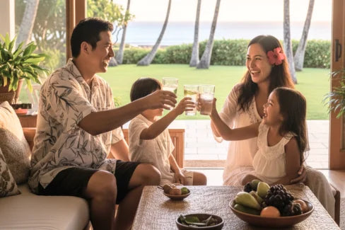 Family of four sitting on a patio, raising glasses in a toast.