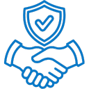 Icon of a handshake with a shield and checkmark, symbolizing trust and security.
