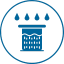 Icon of a building with water droplets, indicating waterproofing or water resistance.