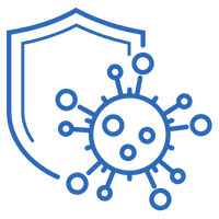 Icon of a virus with a shield overlay, symbolizing protection against the virus.
