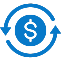 Blue icon with a dollar sign enclosed in a circular arrow, representing money circulation or financial cycle.