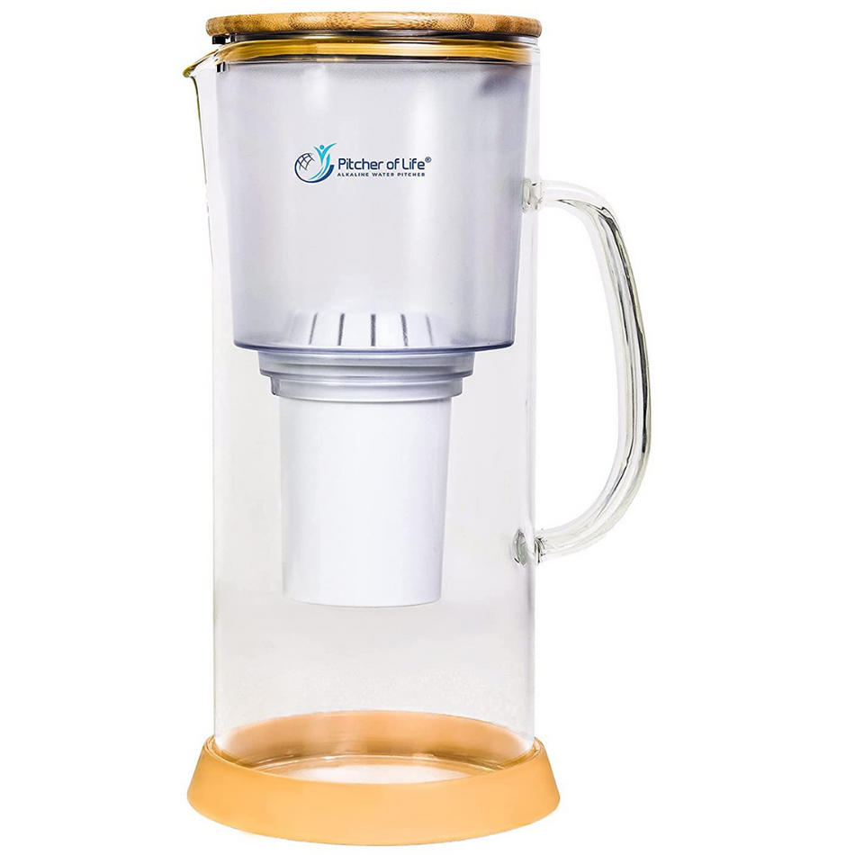 Alkaline Water Glass PITCHER OF LIFE™ with Bamboo Lid Stainless Steel Underside